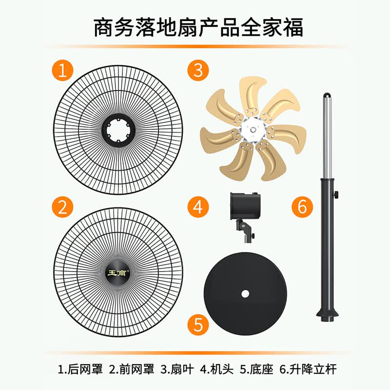 玉商豪华商务落地扇工业风扇强力超大落地扇大风力大功率电风扇强力牛角扇工厂车间商用家用吹甲醛 18寸金铝七叶大风力