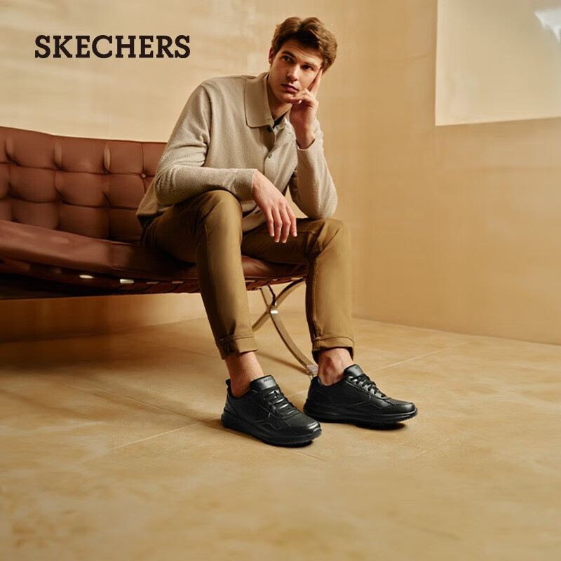 斯凯奇（Skechers）男鞋休闲皮鞋商务通勤黑色工作鞋简约百搭黑色运动鞋 全黑色/BBK 39.5