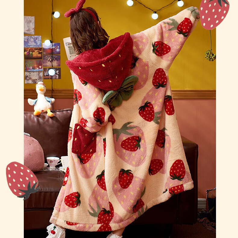 有只绵新款女士秋冬家居服加厚珊瑚绒睡衣大耳狗连帽可爱睡袍 蓝鸭睡袍 均码 （80-160斤）