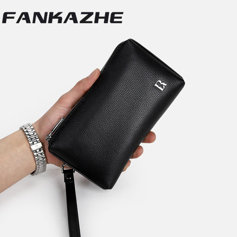 梵卡哲（FANKAZHE）男士真皮手拿包2025新款头层牛皮商务休闲手机包手拎包 黑色