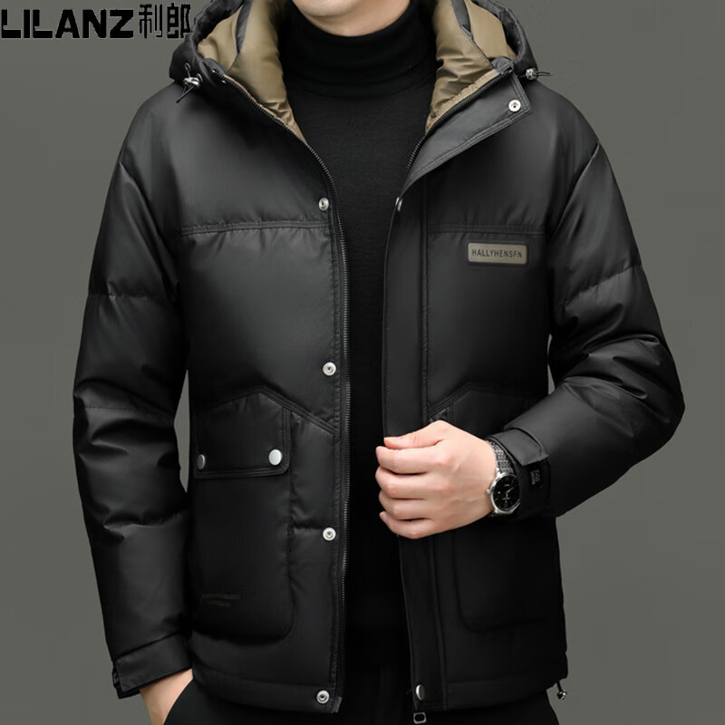 利郎服男2025中年时尚休闲连帽加厚保暖白鸭绒外套冬 米白 4XL 195 建议185-200斤