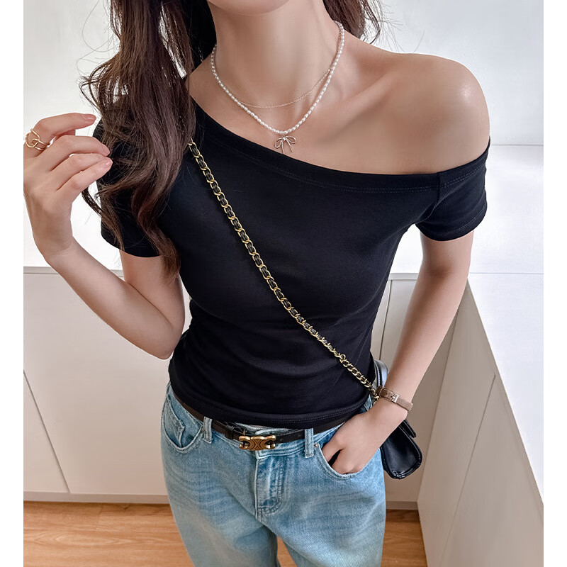 莫代尔辣妹一字领露斜肩短袖t恤女内搭修身显瘦打底弹力上衣T恤衫 黑色 M (适合体重95-115斤