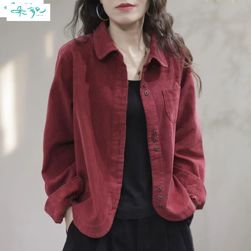 朵貌2025秋冬新款衬衫女时尚休闲洋气宽松百搭长袖翻领灯芯绒衬衣开衫 米白色 L