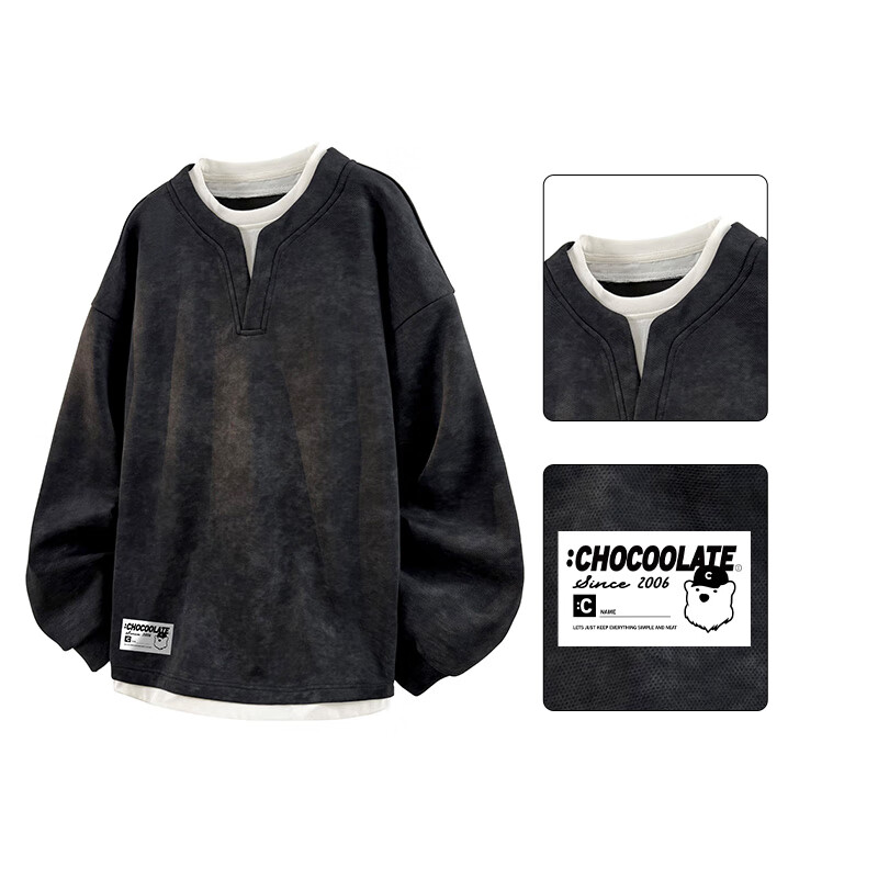 :CHOCOOLATEit假两件套头卫衣男士秋冬季新款美式扎染长袖T恤 黑色 2XL