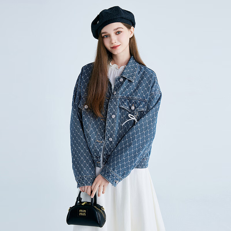 乐町【商场同款】 2025春季新款蝴蝶结牛仔外套 牛仔中蓝 S