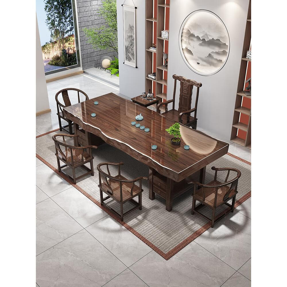 古越龍騰整板大茶幾椅子組合原木新中式辦公茶幾客廳家居功 工字腳1.2米整板+1月牙椅+2方凳