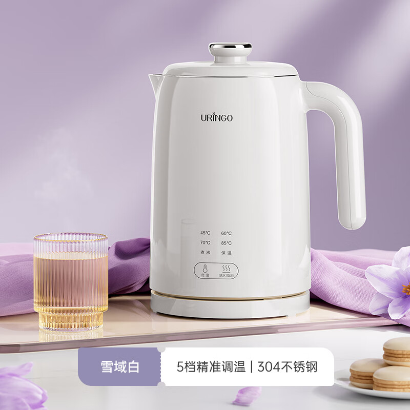 七彩叮当（QICAIDINGDANG）电水壶烧水壶 304不锈钢 1.5L小容量热水壶 双层防烫全钢无缝电热水壶 1.5L 【雪域白】五档调温