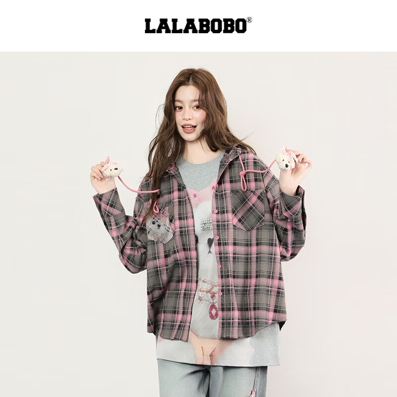 拉拉波波【快乐护卫队系列】LALABOBO衬衫25年秋新款原创格子印花连帽上衣 M