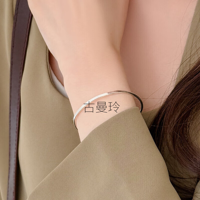 古曼玲S925银ins百搭极简手镯女感小众素圈开口圆珠手环新款手镯手饰镯 BAS3221【银色】 925银