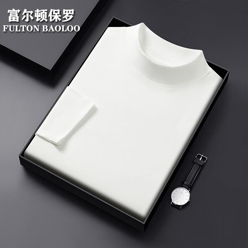 FULTON BAOLOO 富尔顿保罗德绒半高领打底衫男士2025新款中青年高档纯色保暖长袖t恤体恤衫 白色 L (推荐110到130斤穿)