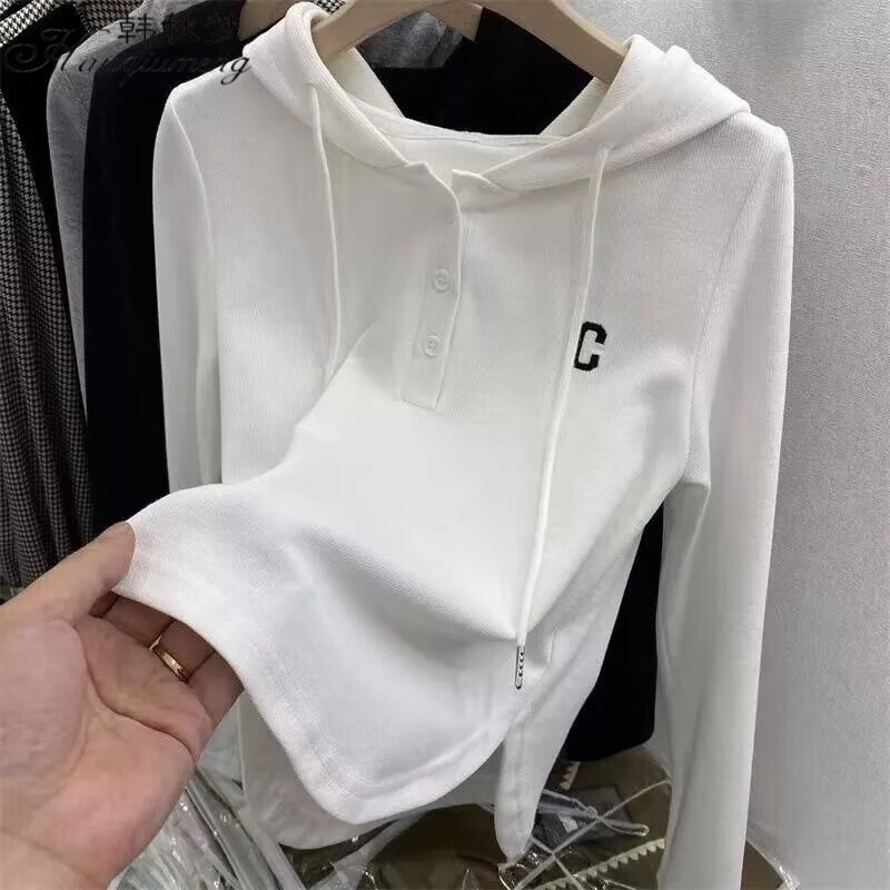 韓秋夢連帽衫衛(wèi)衣衫開叉字母印花春秋季休閑洋氣修身長袖T恤早秋 白色 S 建議70-90斤