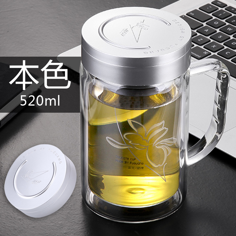 双层玻璃杯带把手大容量杯子商务男式办公杯泡茶杯透明带盖过滤便携式