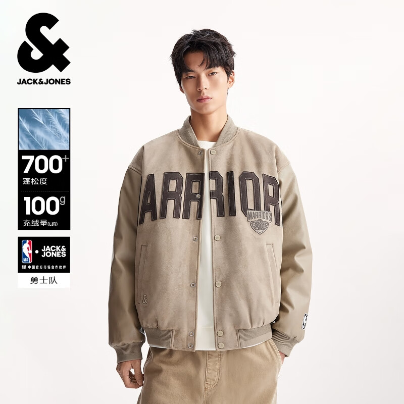 杰克·琼斯（JACK&amp;JONES）【NBA联名】25年男装秋冬季羽绒服男美式复古棒球领宽松保暖外套 E11卡其色 预售11月12日左右发货 S （170）
