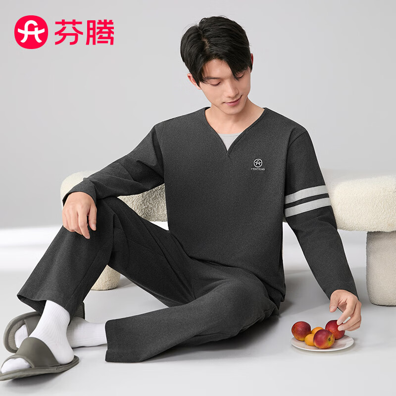 芬腾睡衣情侣防静电德绒2025秋新款双面绒运动风假两件外穿家居服套装 碳灰-男款 XL