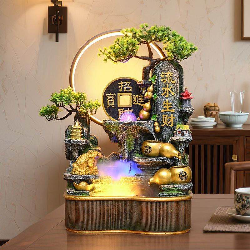 OYKTN进宝流水摆件聚宝盆假山流水摆件风水轮家用公司乔迁开业礼物 小号普通款-财禄松泉-长25CM/无红亭子