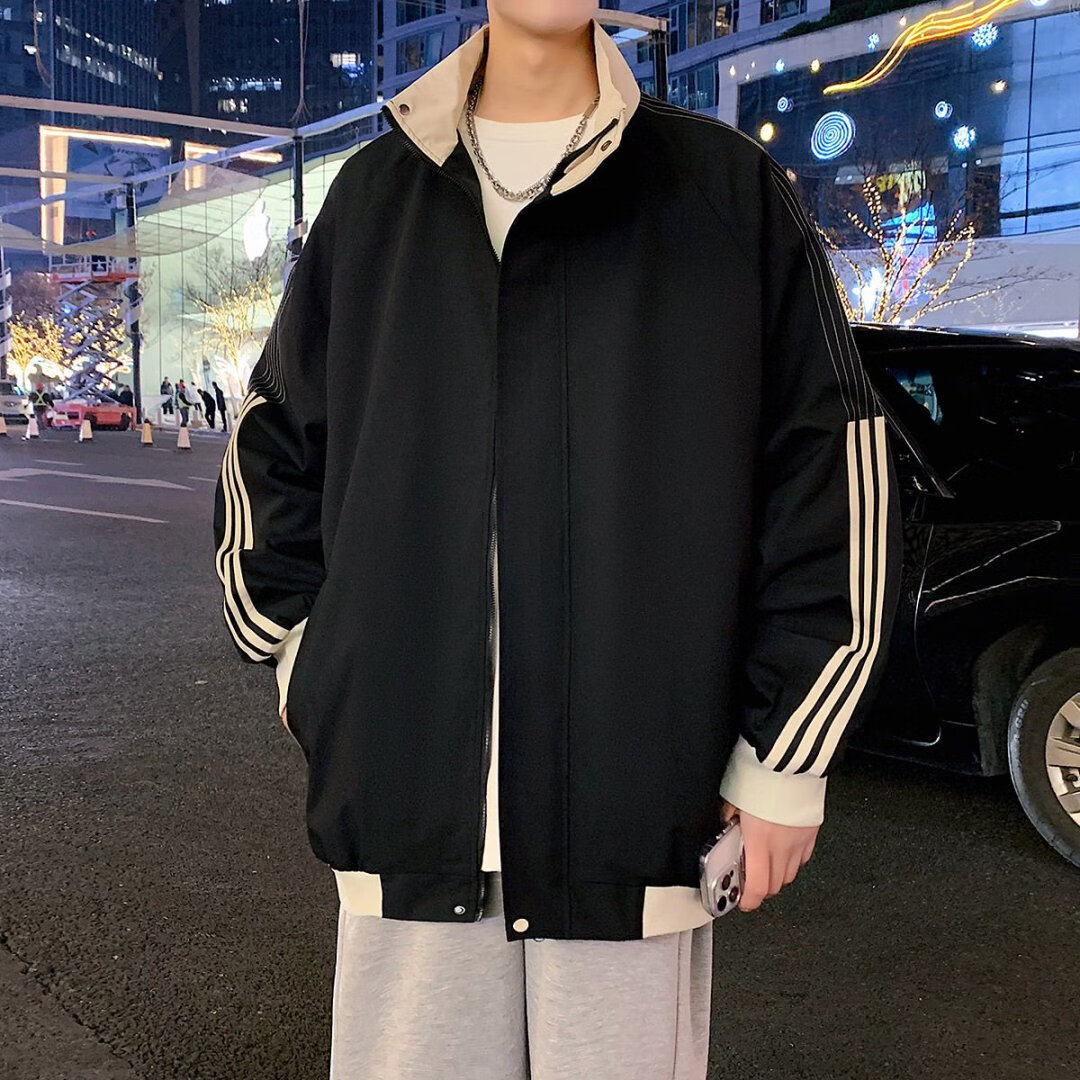 颂希尔美式工装外套男款秋冬季2025新款宽松立领条纹夹克男