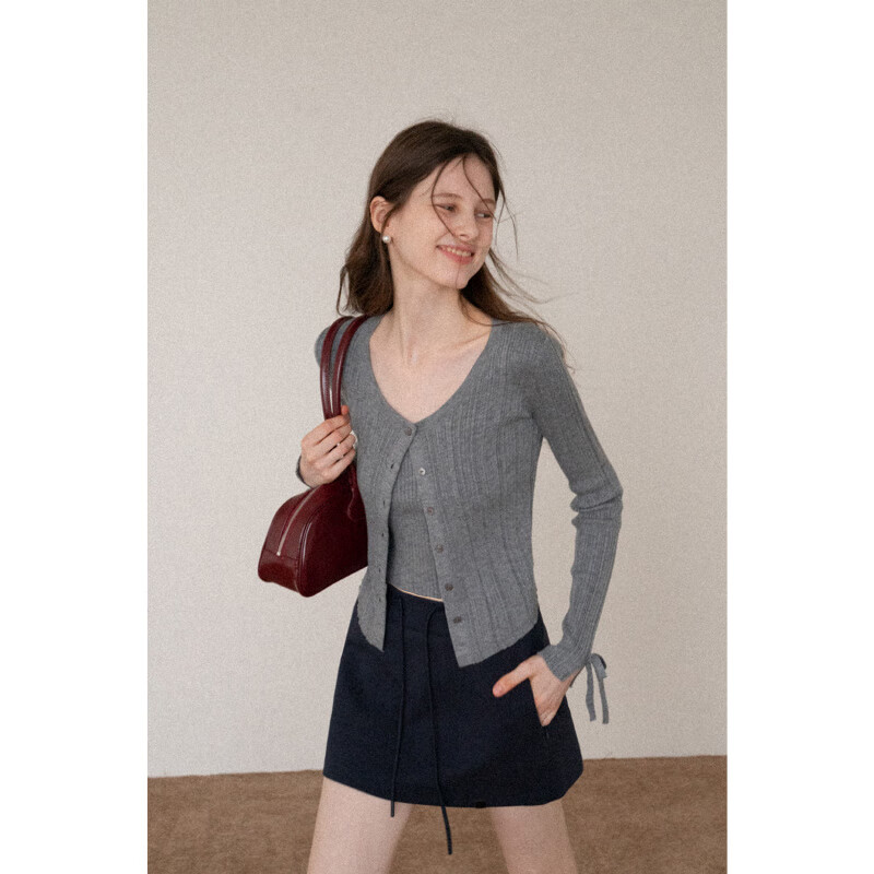 EGGKA韓系短款針織衫兩件套吊帶+長袖開衫女秋季上衣E25A8134BK 灰色 S