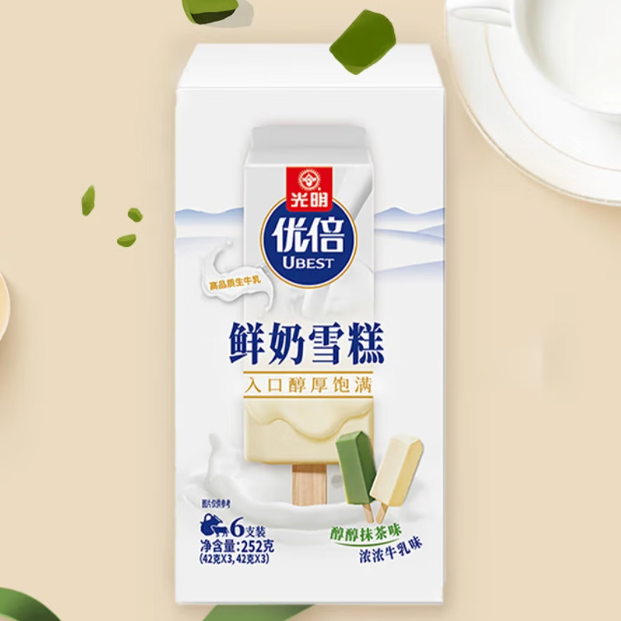 光明牌【任选4件包邮】盒装冰淇淋系列家庭装冰砖大白兔雪糕分享装 优倍鲜奶雪糕(浓浓牛乳味醇醇抹茶味)42g*6支