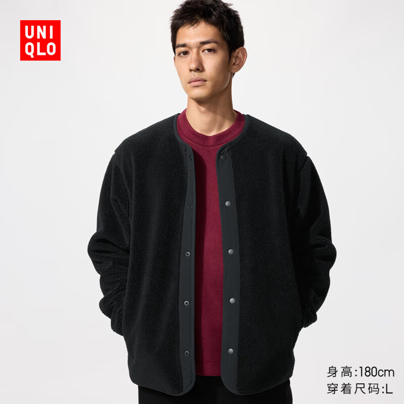 优衣库男装防风仿羊羔绒摇粒绒开衫/长袖外套25秋冬新款481183 09 黑色 S /165/84A