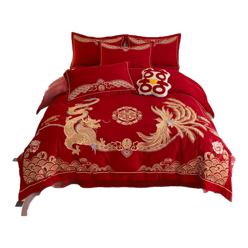 百麗絲水星家紡出品新款婚慶紅色新婚結婚親膚舒適繡花純棉四件套床 龍鳳呈祥 床單款 1.5m四件套