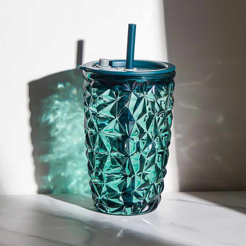 乐唯诗高颜值炫彩咖啡冰美式拿铁玻璃杯大容量带盖吸管杯子办公室水杯子 墨绿晶钻吸管杯【原色玻璃】440ml*1