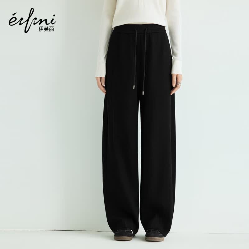 伊芙丽（eifini）秦岚代言时髦舒适棉感针织弯刀休闲裤卫裤女2025秋新款运动裤 黑色 S 80-100斤 腰围64.8