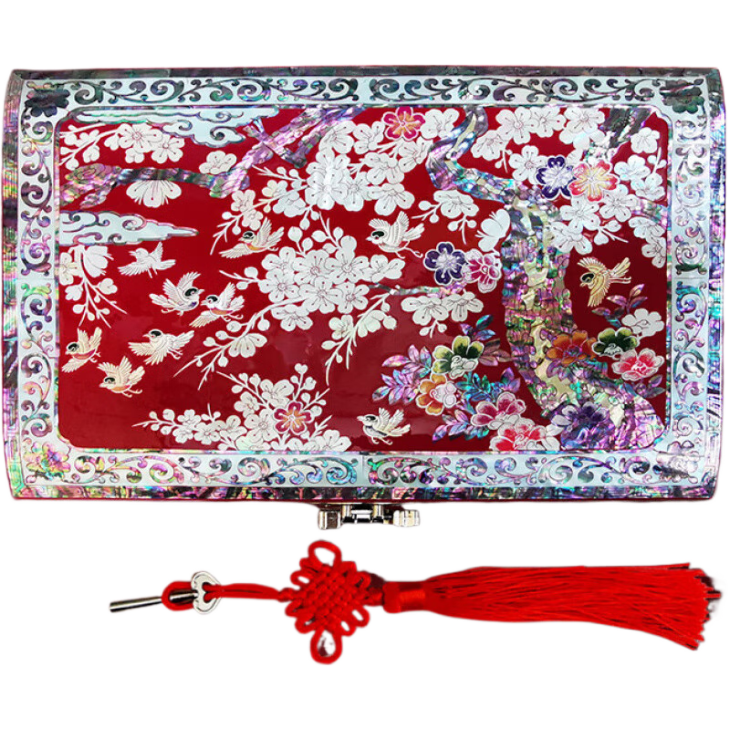 錦貝傳說螺鈿漆器首飾盒精致木質(zhì)手飾品收納盒結(jié)婚三金首飾盒 紅色帶鎖結(jié)婚首飾盒