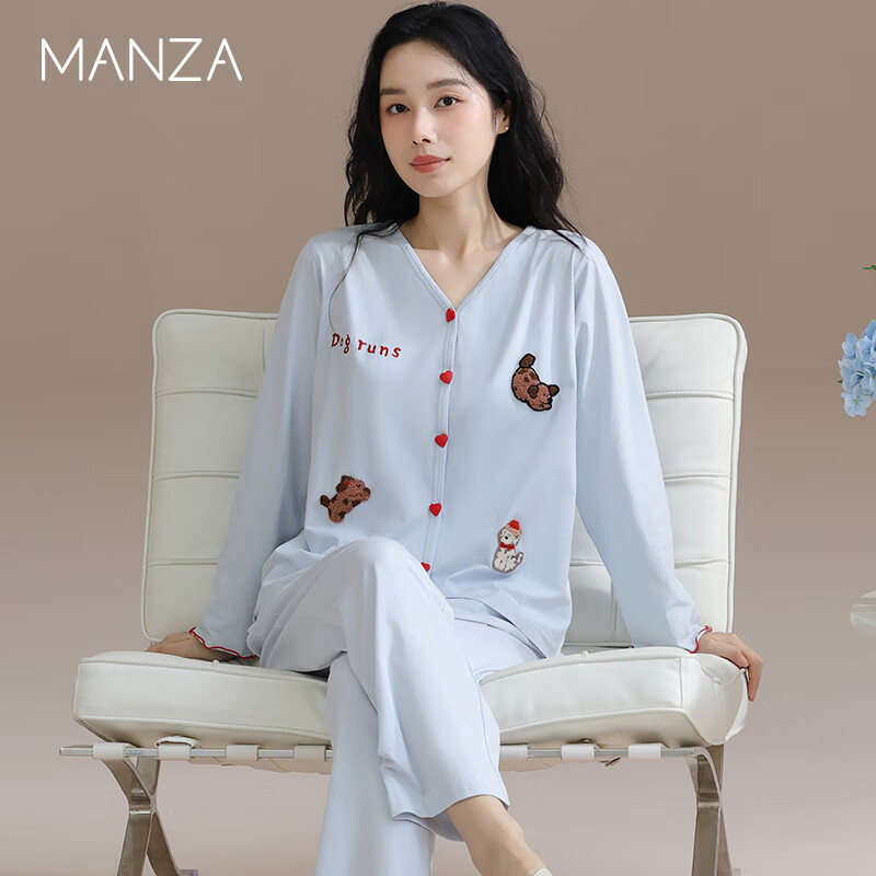 玛伦萨100%纯棉睡衣女春秋季2025新款可外穿长袖长裤大码女士家居服套装 浅兰 M