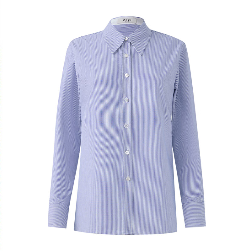 ZEZI100%长绒棉条纹衬衫女长袖职业装工装单排扣衬衣通勤开衫2025秋新 暗蓝条纹 M （115-125斤）