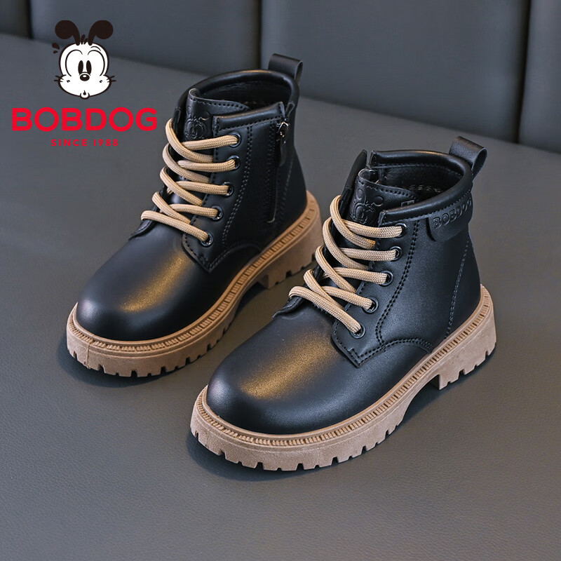 巴布豆（BOBDOG）童鞋女童冬季舒适百搭马丁靴中大童休闲二棉鞋2025加绒保暖靴子 黑/卡其 35 适合脚长21.2cm