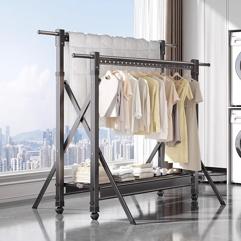 四季沐歌折疊晾衣架落地涼曬衣架鋁合金家用曬被子陽臺(tái)晾衣架曬衣架掛衣架 長(zhǎng)1.5-2.6米雙桿可升降+萬向輪