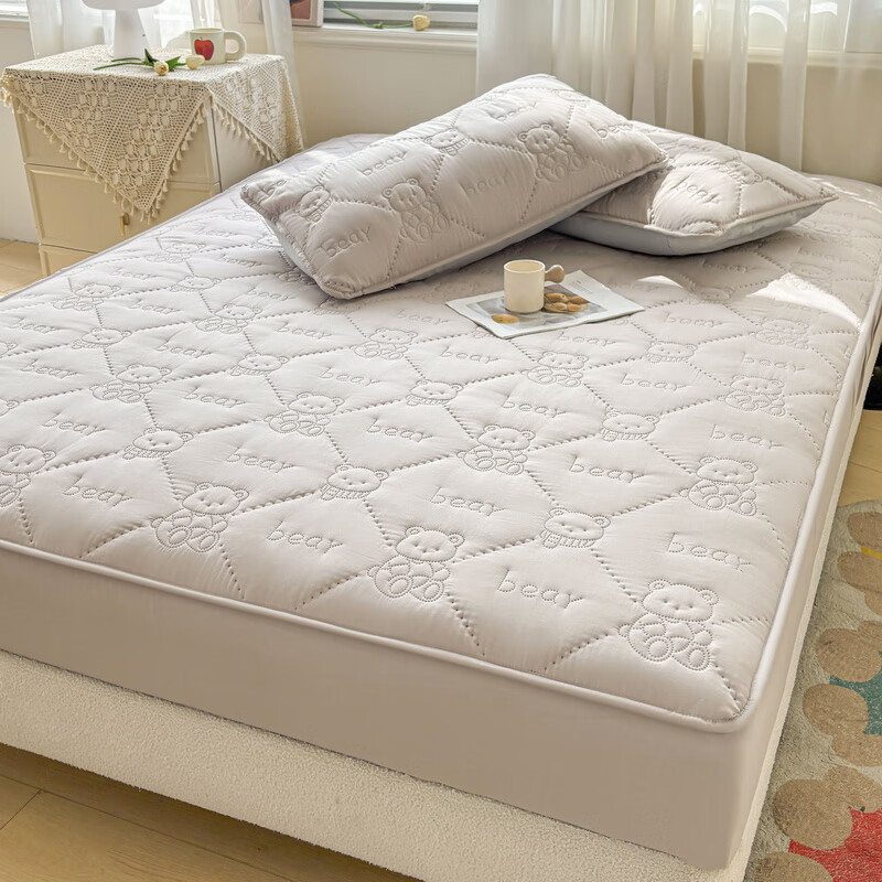 雅鹿加厚夹棉床笠防尘绗缝床罩三件套隔脏床盖床垫保护套床上用品 小熊夹棉床笠-山灰【蓬松柔软 四季通用】 180*200cm单床笠