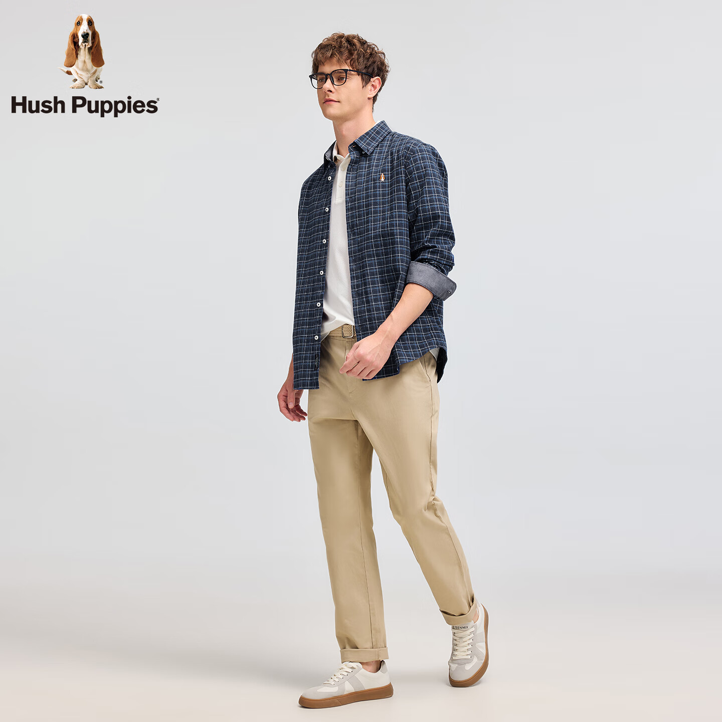 暇步士(Hush Puppies)【舒适磨毛】男装2025秋季经典格纹全棉磨毛长袖衬衫 墨蓝色 2XL