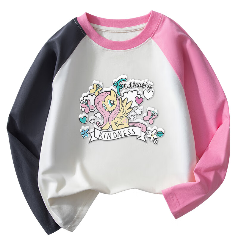 小马宝莉（MY LITTLE PONY）小马宝莉纯棉女童小学生秋季长袖T恤卡通印花打底衫插肩袖上衣值 玫红鸳鸯袖爱心 140