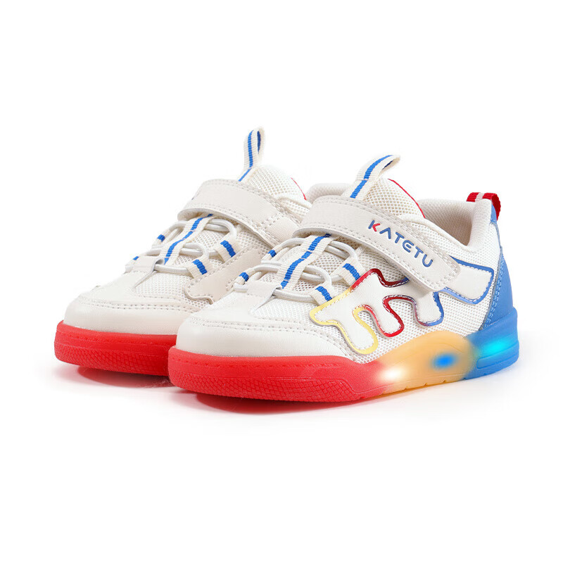 卡特兔童鞋儿童板鞋女童闪灯鞋春季幼儿园小白鞋2-10岁男童网面运动灯鞋 白蓝黄红 28 内长17.5 脚长约16.3-16.9cm