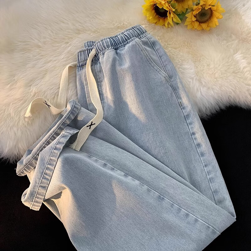 兰伶坊浅蓝色松紧高腰秋冬牛仔裤女宽松直筒小个子大码冬天加绒阔腿裤子 浅蓝色101 S