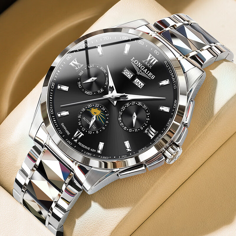 LONGAIES瑞士手表品牌十大名表男款月相陀飞轮手表男士全自动机械表男表 月相款【升级版】本色白面