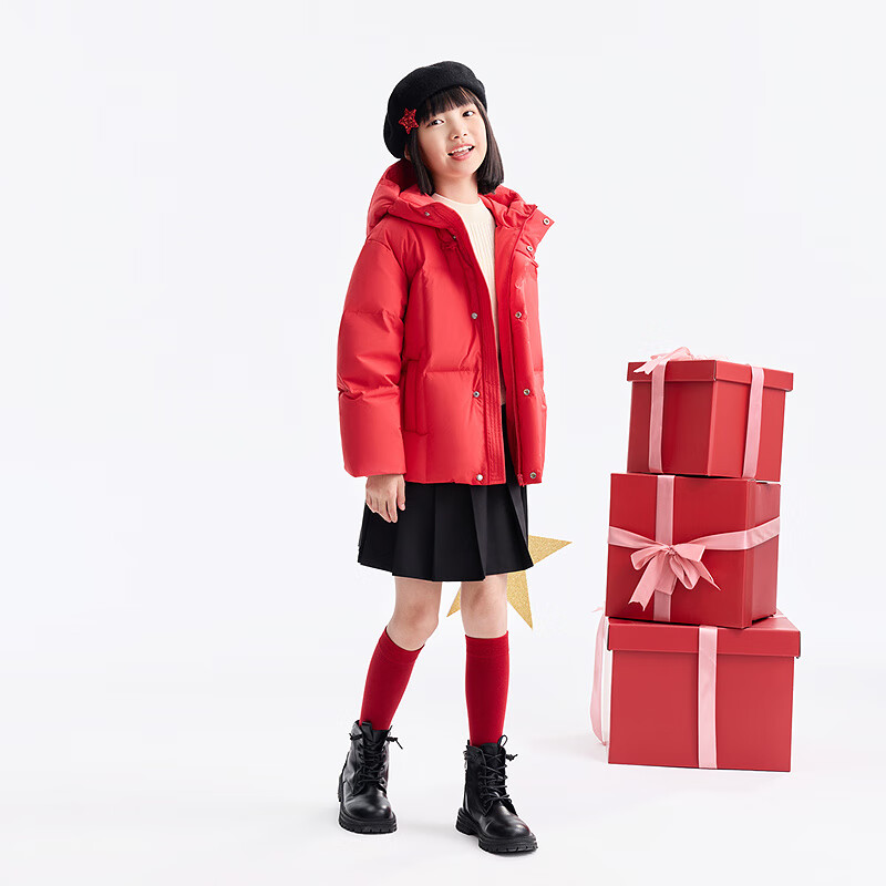 安奈儿(Annil)童装男女童短款羽绒服2025冬新款 新年红 110