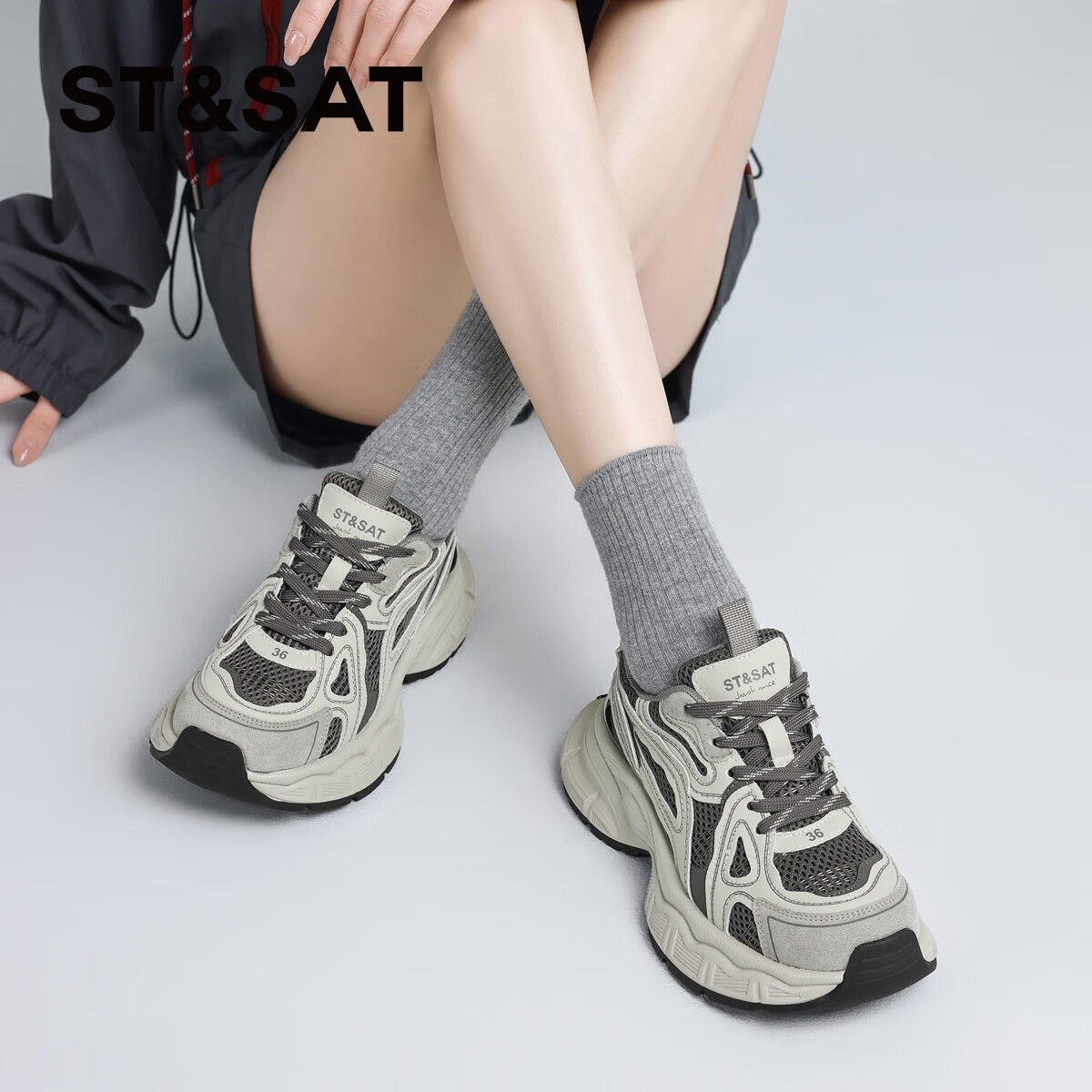 星期六（St&Sat）复古百搭厚底老爹鞋舒适跑步鞋女鞋 SSD1112857 灰色