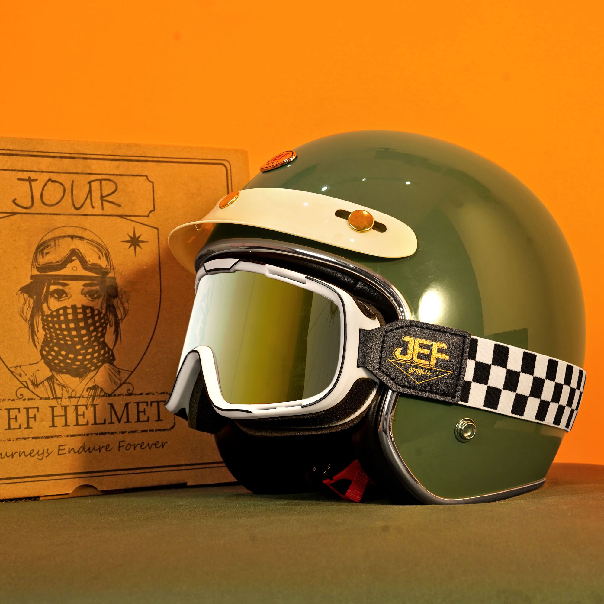 厂家直供台湾复古头盔摩托车安全帽高颜值踏板机车4分之三 乳绿色精装