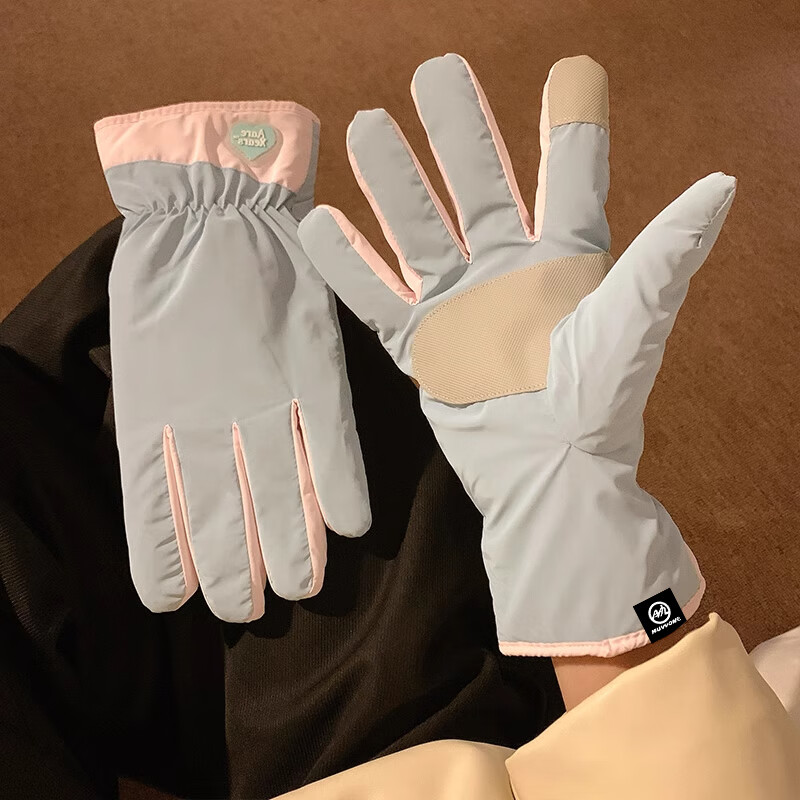 目丸可爱骑行骑车手套女士冬季保暖防寒加绒加厚户外滑雪防风防寒新款 奶蓝色