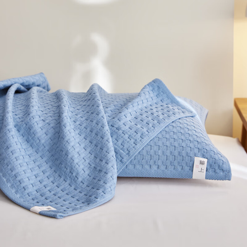 洁丽雅A类华夫格纯棉枕巾盖一对装透气全棉纱布枕头巾防汗四季学生成人 华夫格枕巾-晴蓝52*75 1支