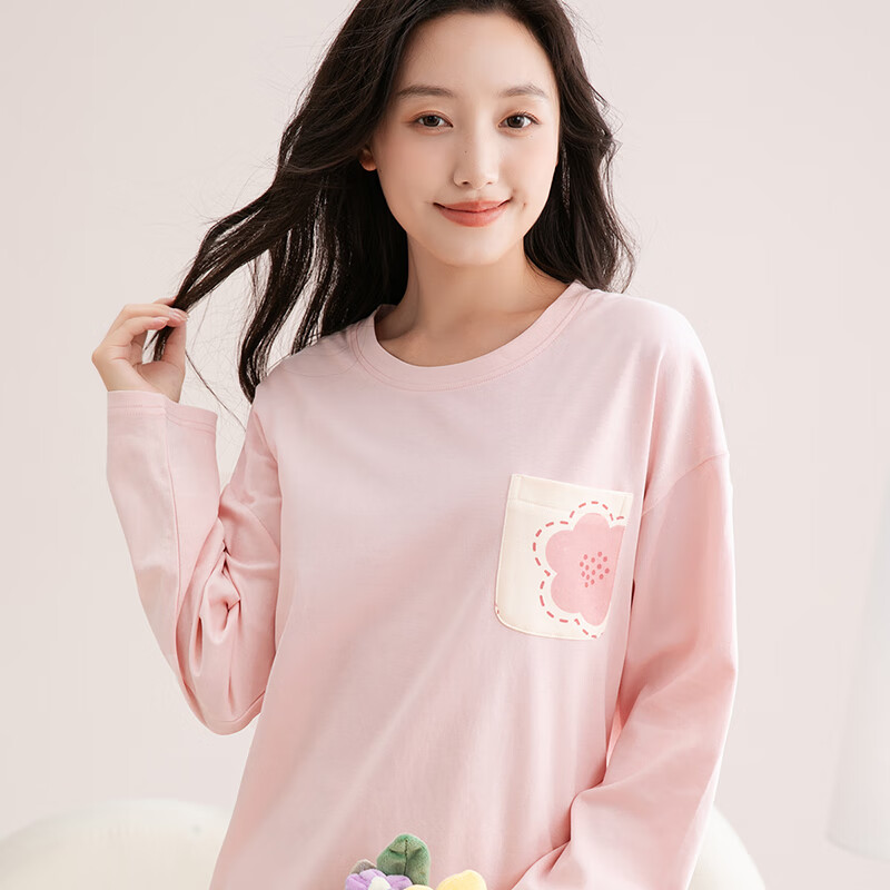 芬腾睡衣女100%纯棉2025秋新款亲肤圆领长袖花卉休闲家居服套装可外穿 浅粉 M