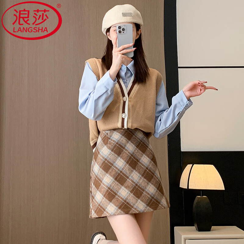 浪莎格子半身裙女2025秋冬新款毛呢包臀裙性感a字短裙修身显瘦打底裙 深咖小格 【亲肤毛呢 自带内衬】 M 【体重96-110斤腰围68CM臀围92CM】