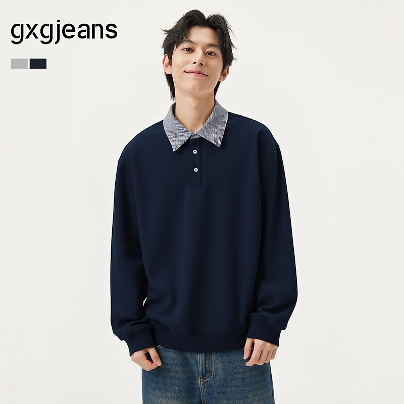 gxgjeans男装 双色假两件简约时尚宽松翻领卫衣男士 25年秋新品 藏青色*# L (175)