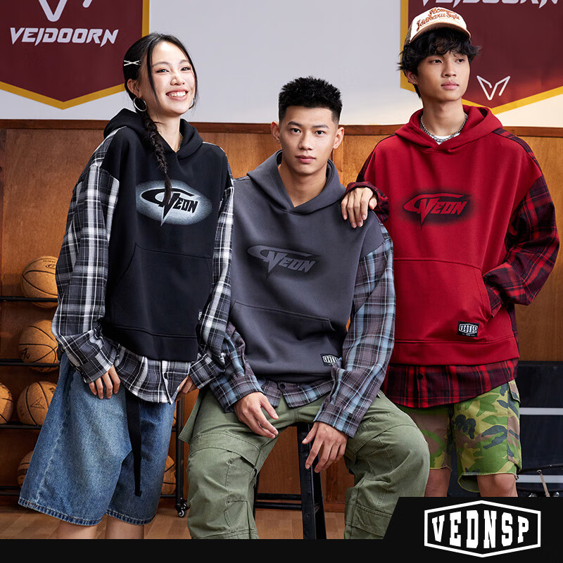 维动(VEIDOORN)炽焰连帽拼接卫衣男时尚百搭美式潮情侣高街复古宽松运动长袖外套 炽焰灰 3XL