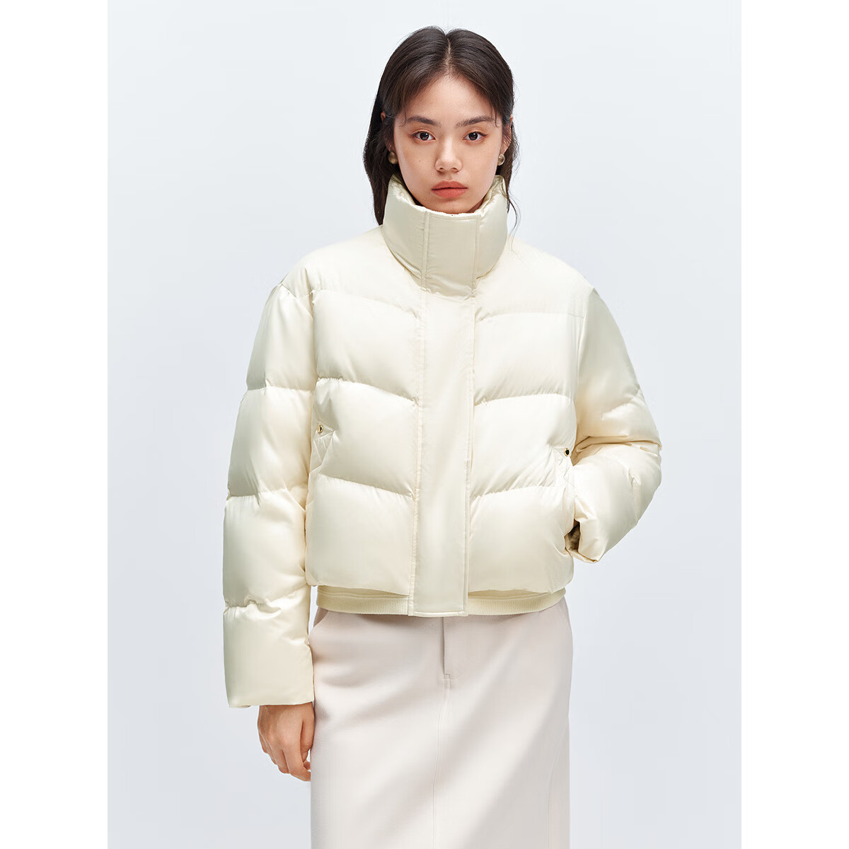 太平鸟女装轻羽绒合集反季清仓白鸭绒羽绒服简约时尚短款中长款 米黄拼接小立领缎感羽绒服 XS