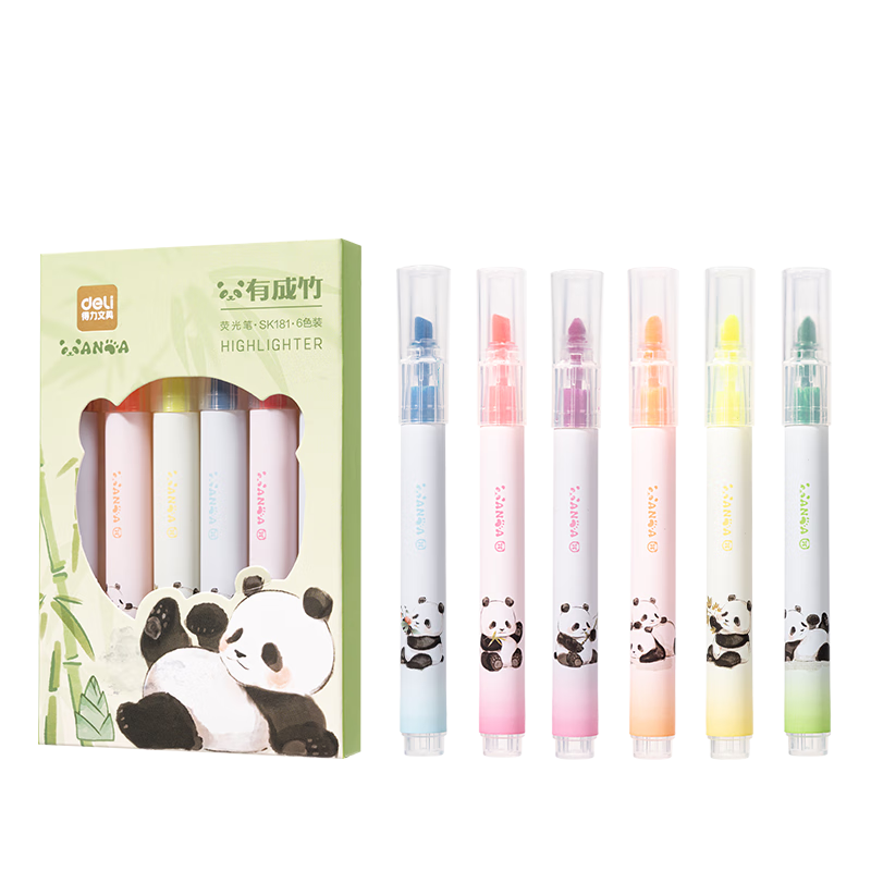 得力（deli）可爱熊猫6色荧光笔 考试复习划重点彩色醒目标记笔手帐笔 学生文具 6支/盒 SK181