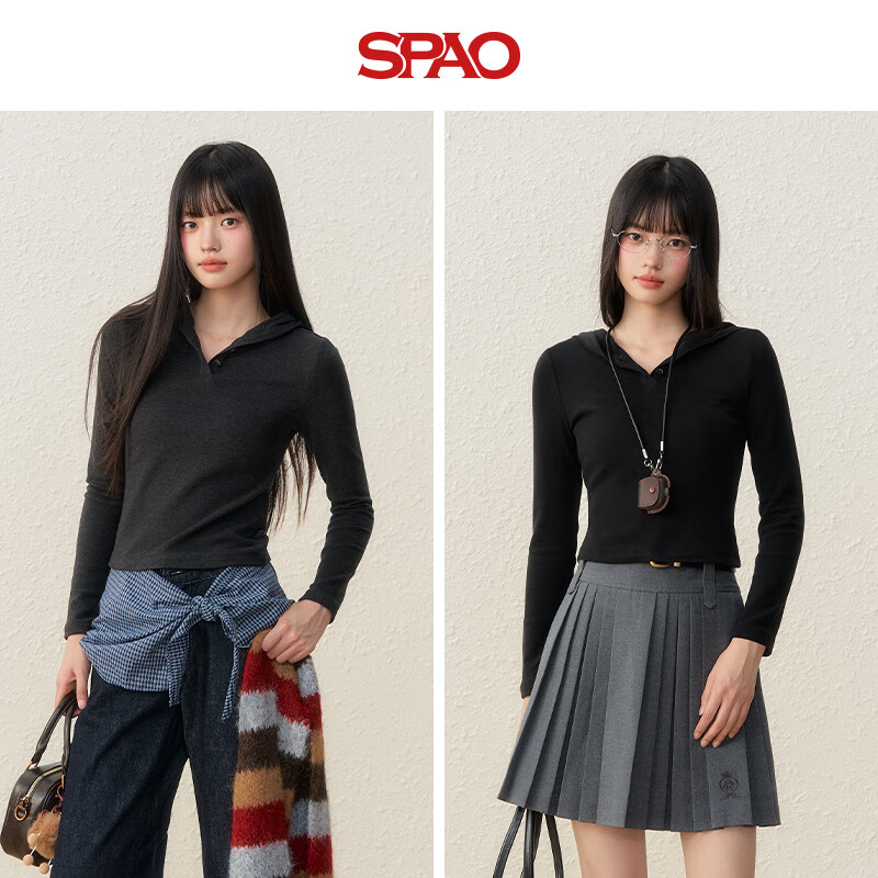 SPAO德绒V领连帽打底衫男女2025年冬季修身软糯亲肤上衣SPCX25AD03XY 深麻灰#纯色 M