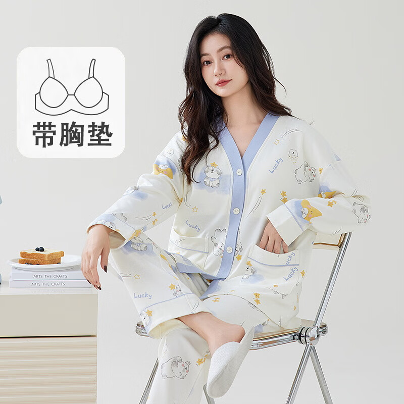 雅鹿睡衣女带胸垫长袖长裤套装春秋季薄款和服领开衫可外穿女家居服 T25655茶灰杏水墨 M 【80-90斤】